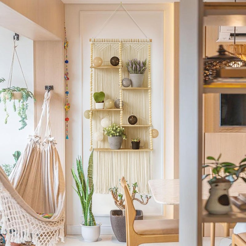 Flber Macrame Wall Hanging Shelf Boho Wall Decor Home 2 Tier Hanger Shelves Braided with Tassels Shelves Organizer for Kitchen, Bedroom, Home Storage, Floating Plant Shelf (Wood) - Image 3